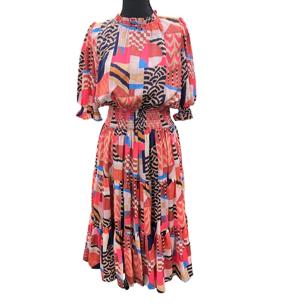 TCEC Women Multi Color Geometric Print Smocked Waist Midi Dress Medium NWT